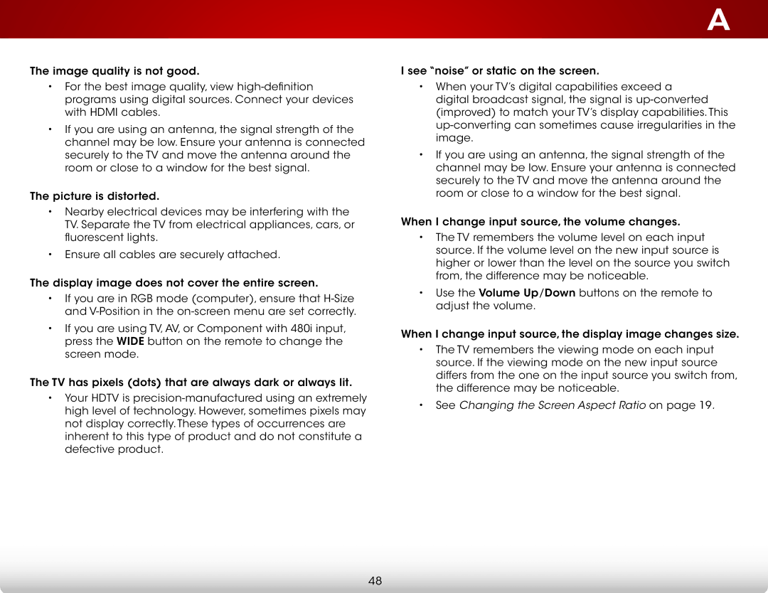 Vizio D390-B0 user manual See Changing the Screen Aspect Ratio on 