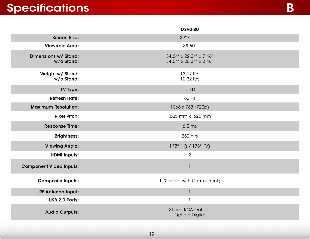 Vizio D390-B0 user manual Specifications 