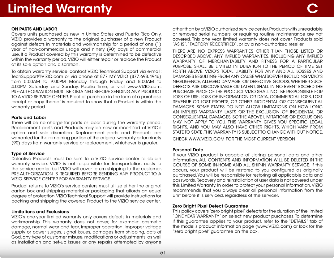 Vizio D390-B0 user manual Limited Warranty, On Parts and Labor 