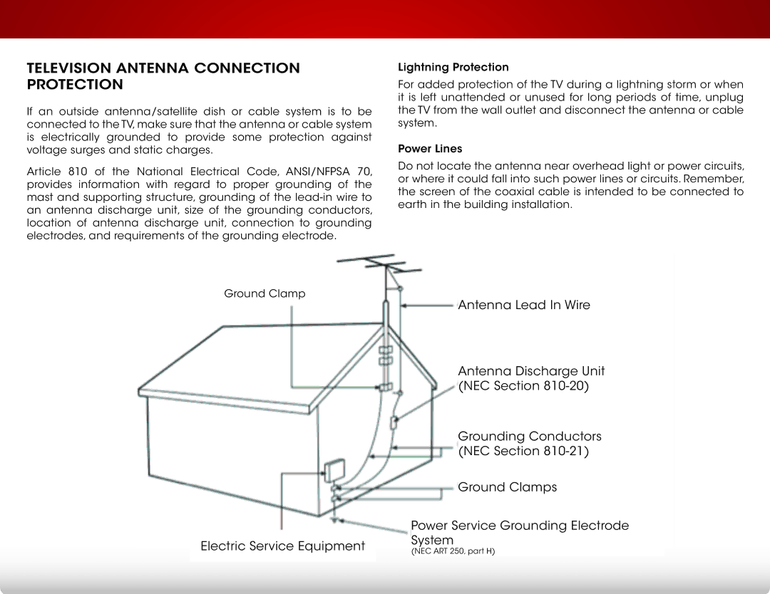 Vizio D390-B0 user manual Television Antenna Connection Protection 