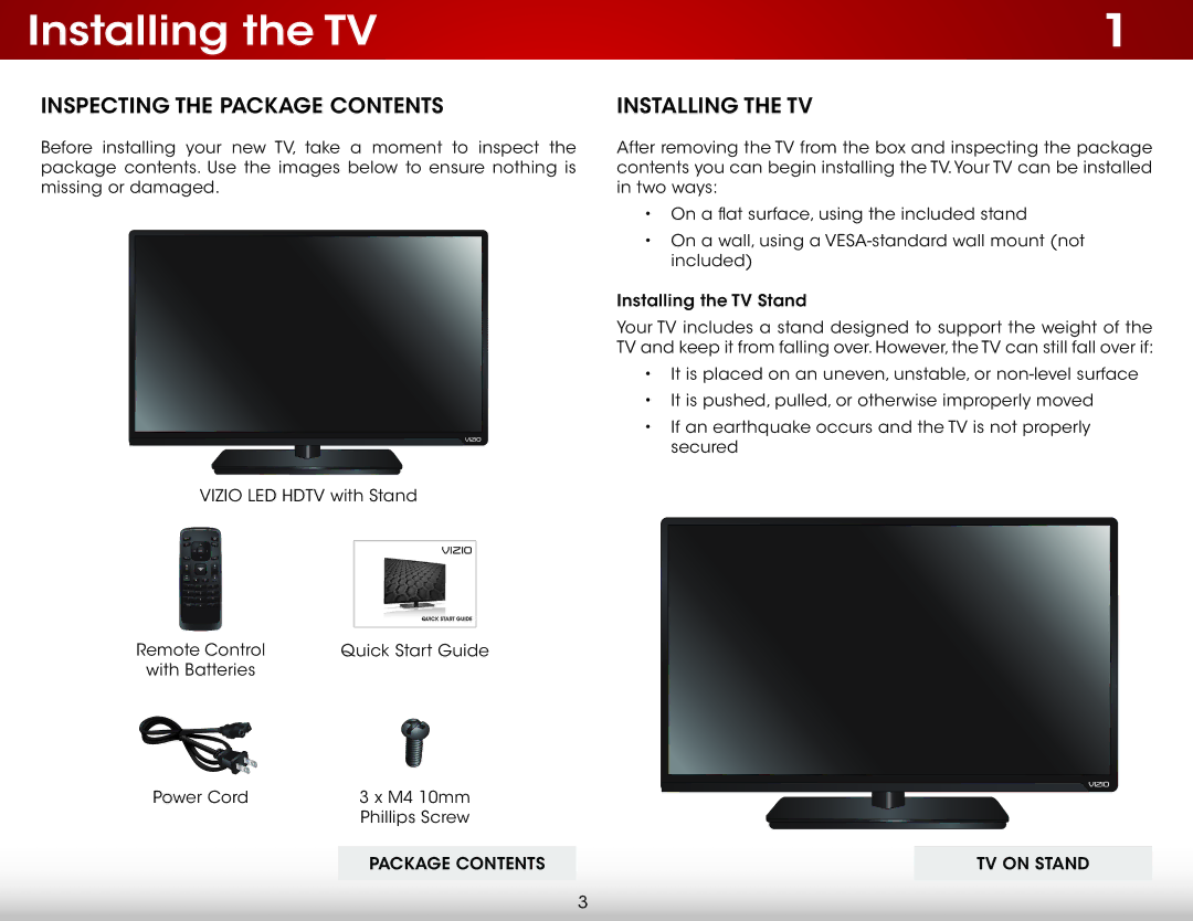 Vizio D390-B0 user manual Installing the TV, Inspecting the Package Contents 