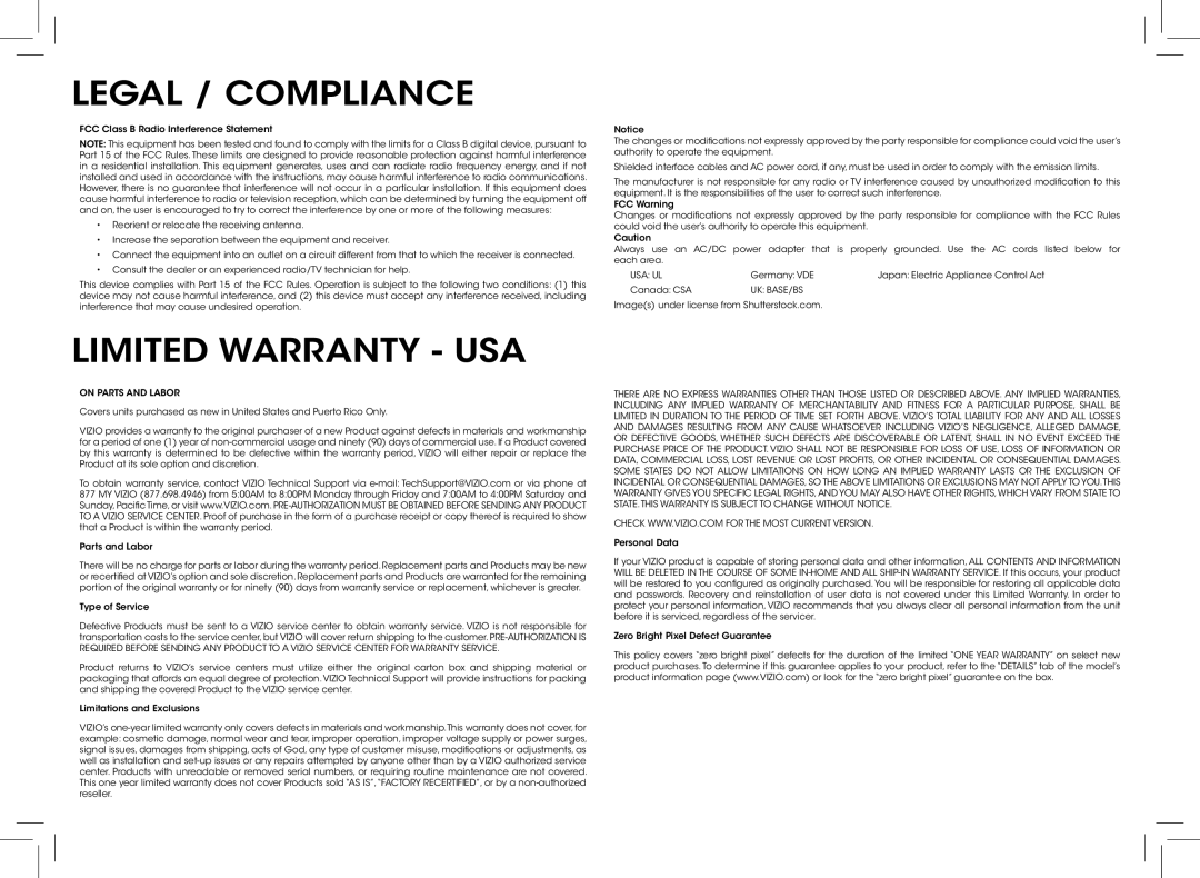 Vizio D390-B0 quick start Legal / Compliance, Limited Warranty USA 