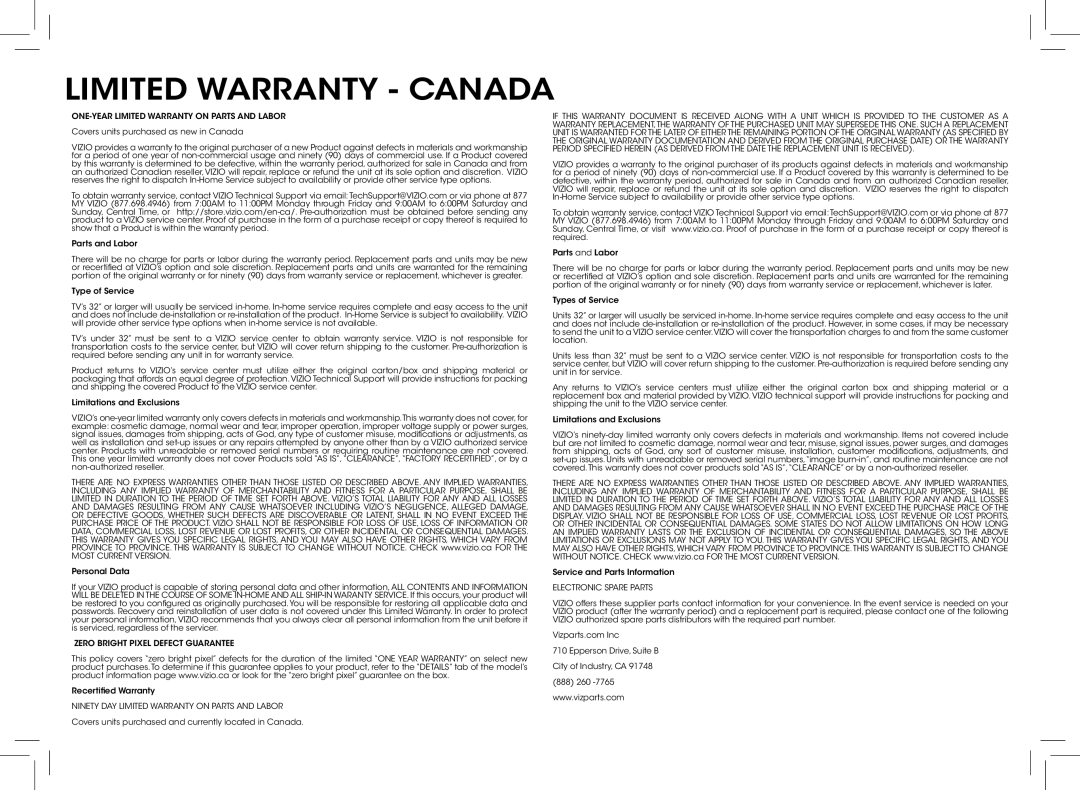 Vizio D390-B0 quick start Limited Warranty Canada, ONE-YEAR Limited Warranty on Parts and Labor 