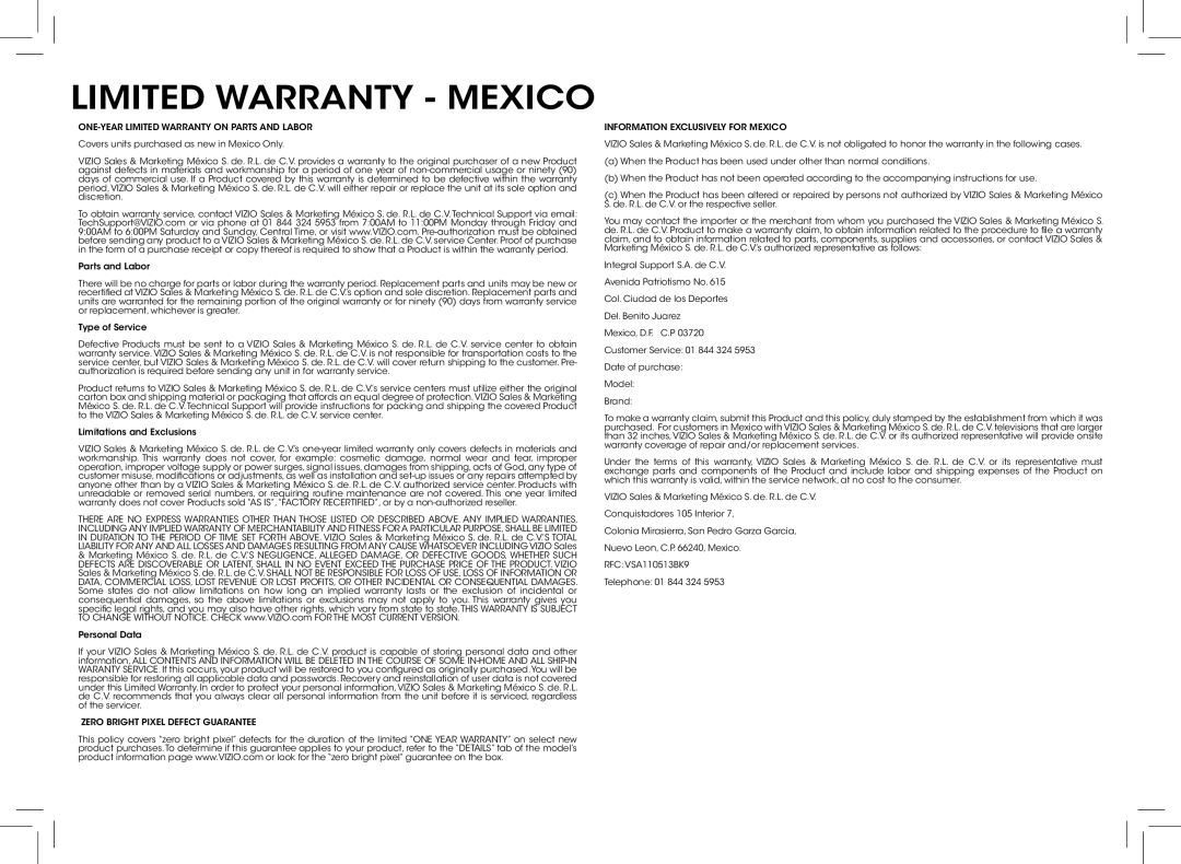 Vizio D390-B0 quick start Limited Warranty Mexico 