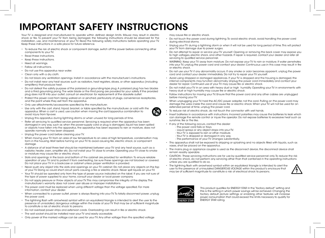 Vizio D390-B0 quick start Important Safety Instructions 