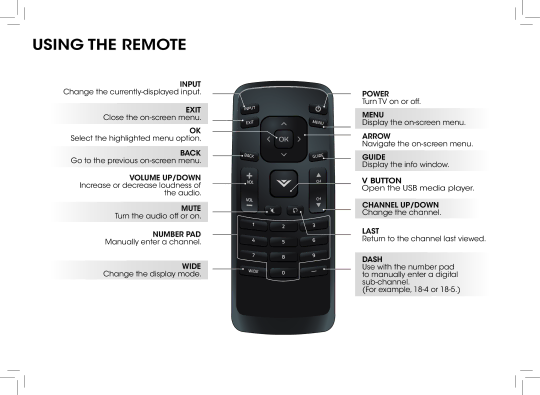 Vizio D390-B0 quick start Using the Remote, Exit 