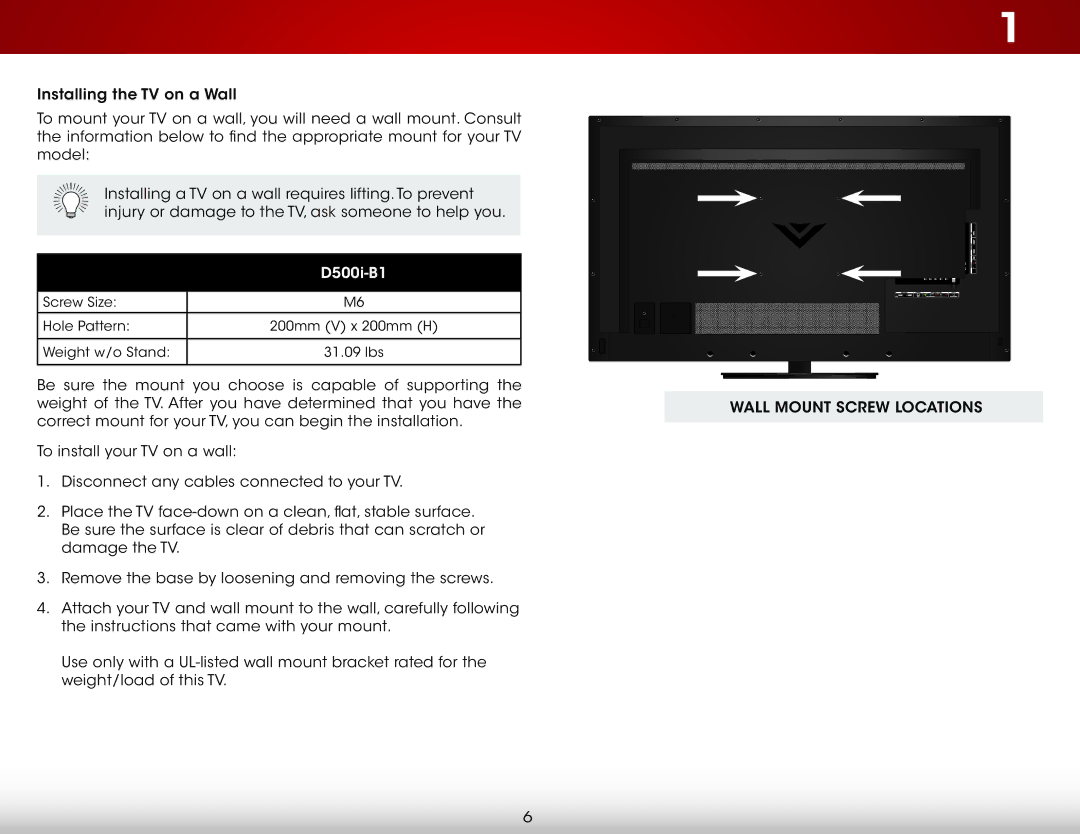 Vizio D500i-B1 user manual Wall Mount Screw Locations 