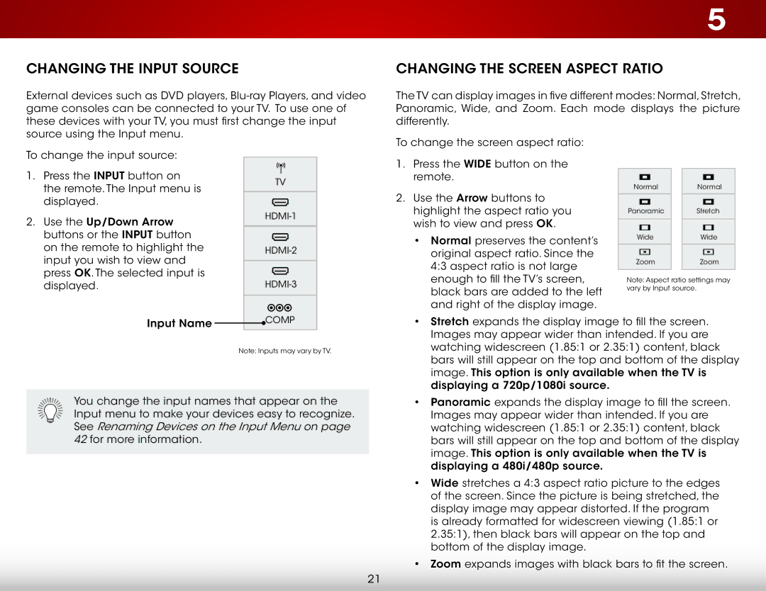 Vizio D500i-B1 user manual Changing the Input Source, Changing the Screen Aspect Ratio 