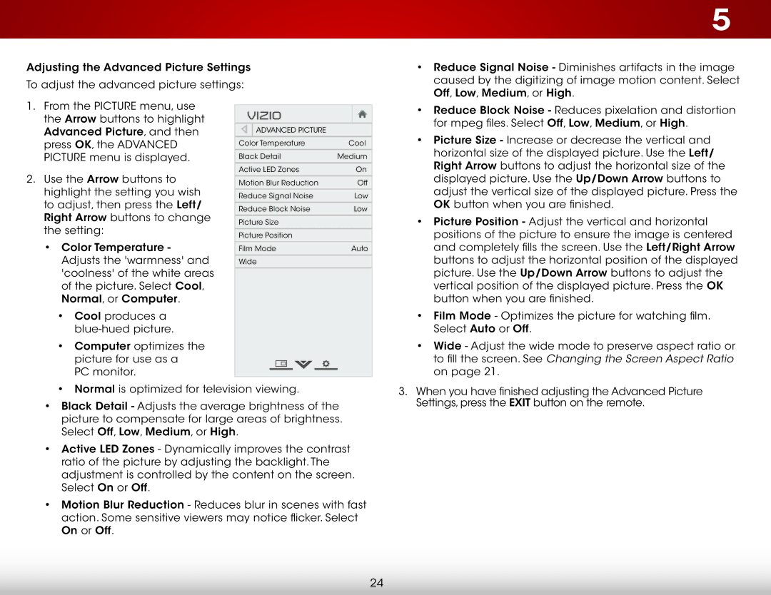 Vizio D500i-B1 user manual Arrow buttons to highlight Advanced Picture, and then 