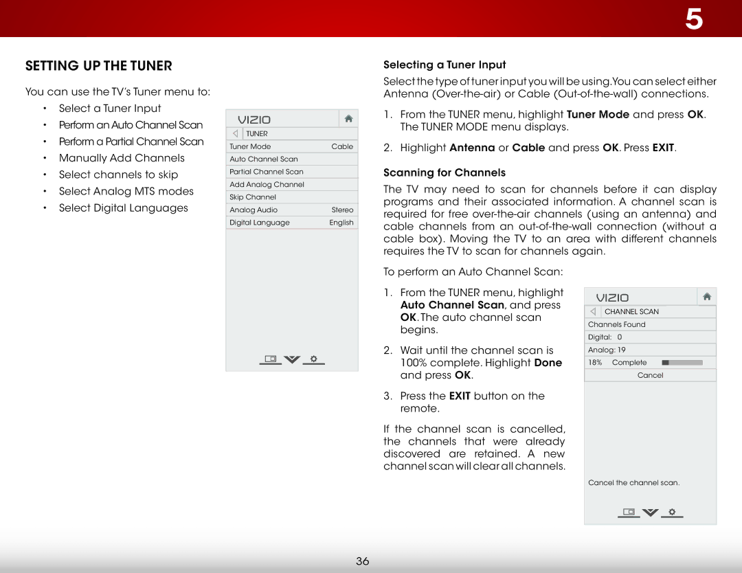 Vizio D500i-B1 user manual Setting UP the Tuner 