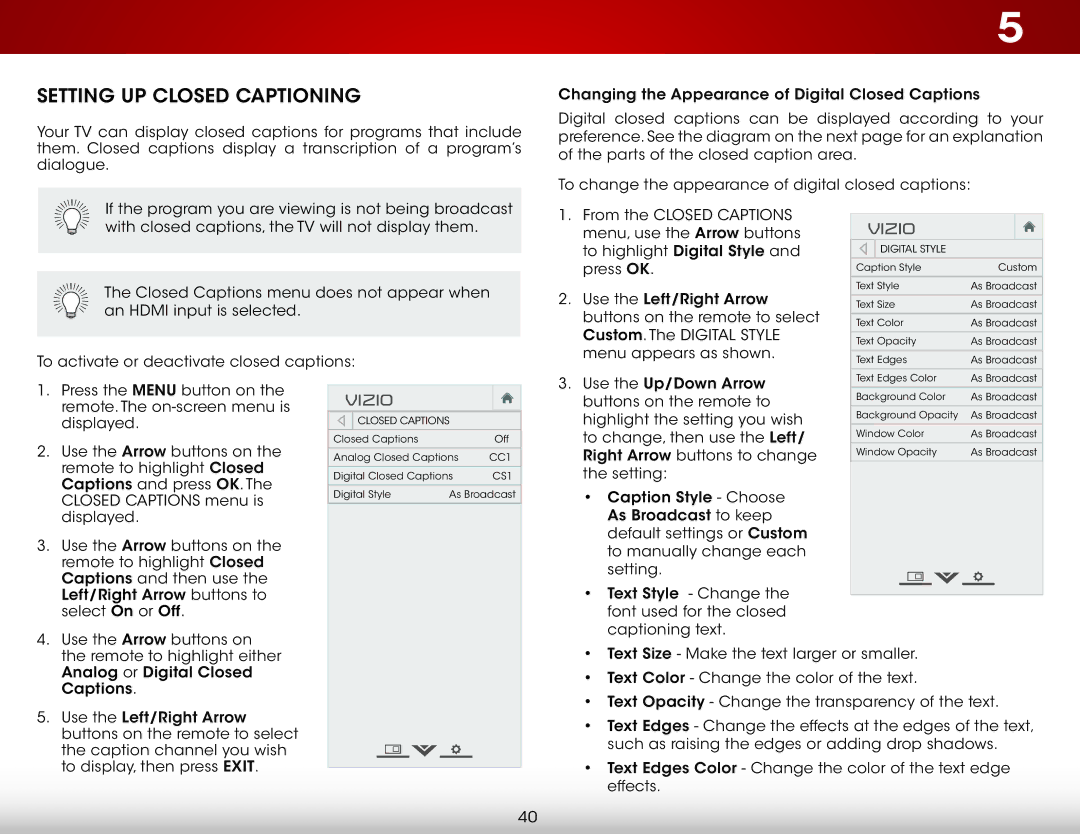 Vizio D500i-B1 user manual Setting UP Closed Captioning 