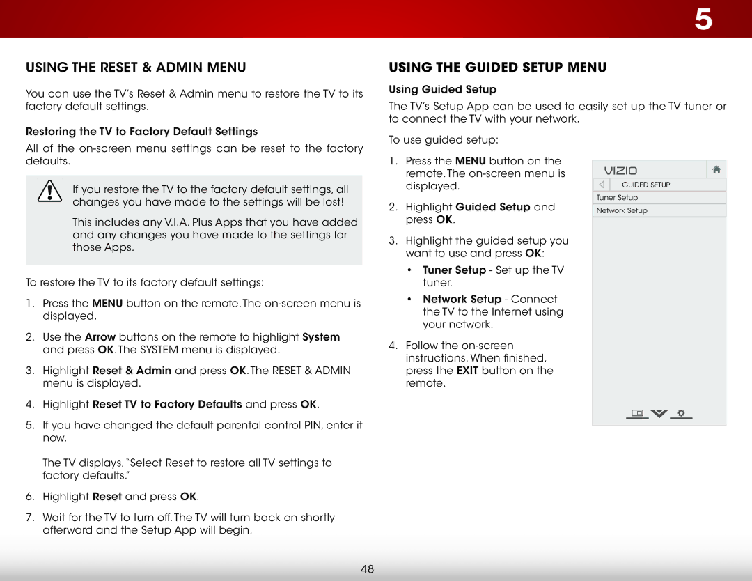 Vizio D500i-B1 user manual Using the Reset & Admin Menu, Using the Guided Setup Menu 