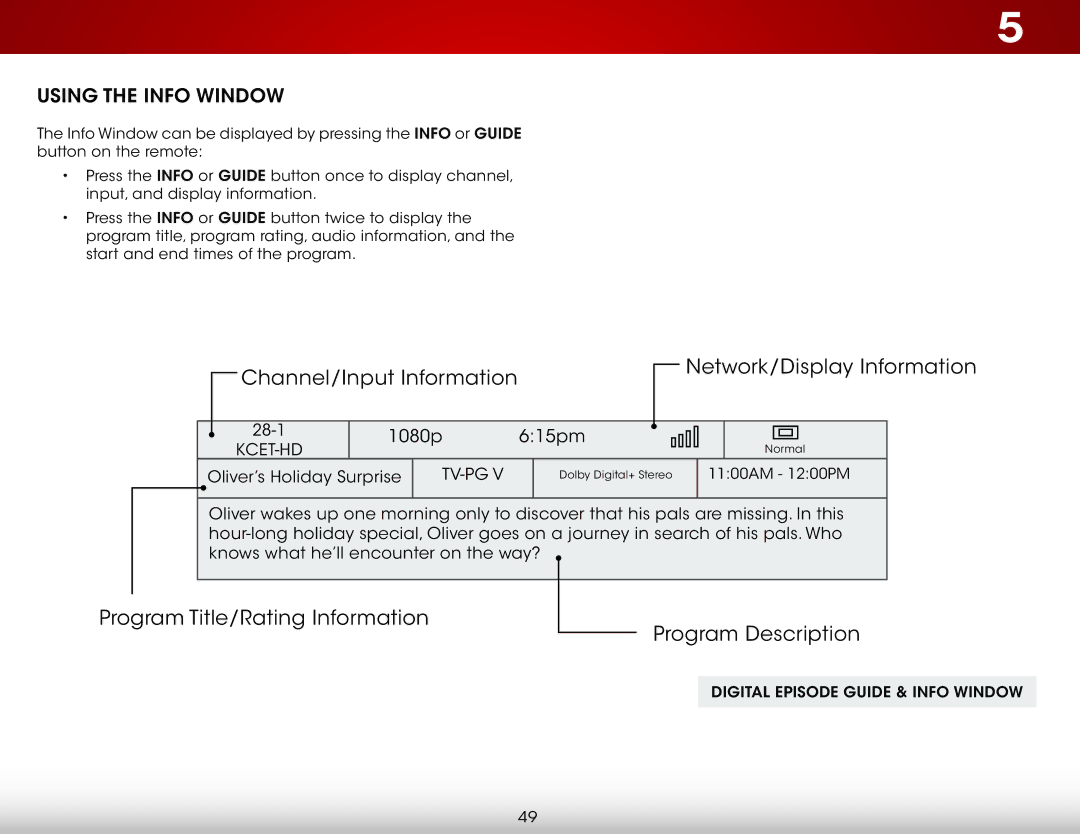 Vizio D500i-B1 user manual Using the Info Window, Kcet-Hd, Digital Episode Guide & Info Window 