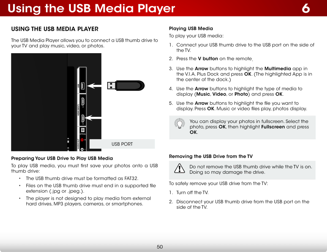 Vizio D500i-B1 user manual Using the USB Media Player, USB Port 