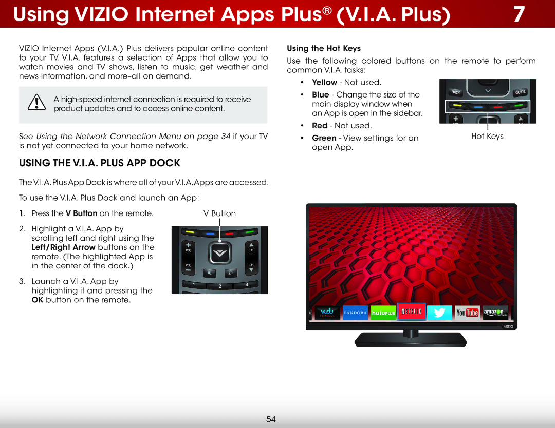 Vizio D500i-B1 user manual Using Vizio Internet Apps Plus V.I.A. Plus, Using the V.I.A. Plus APP Dock 