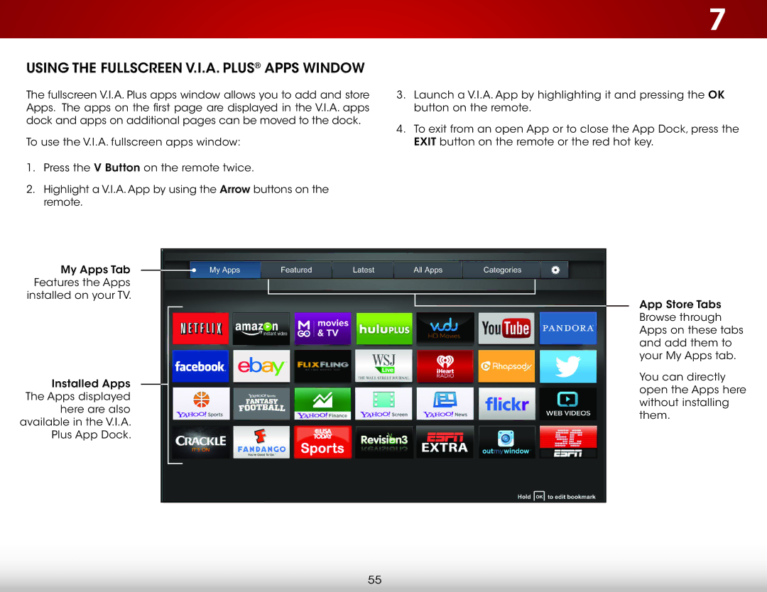 Vizio D500i-B1 user manual Using the Fullscreen V.I.A. Plus Apps Window 