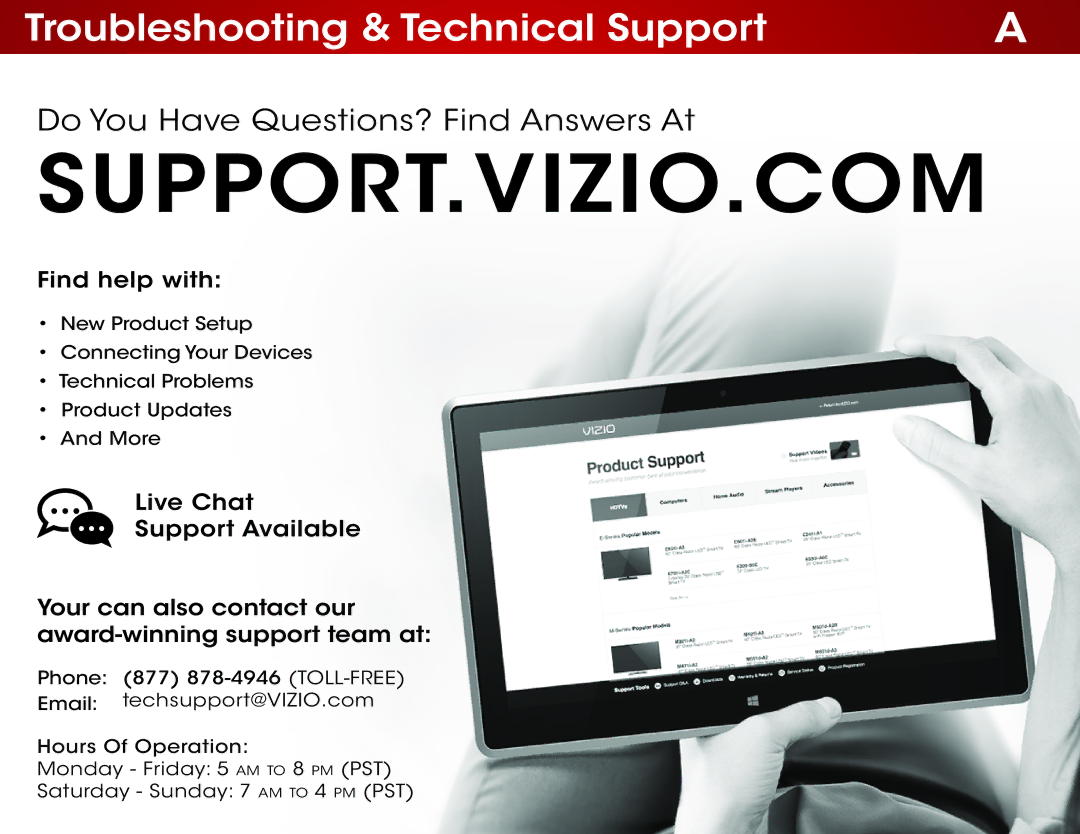 Vizio D500i-B1 user manual Support.Vizio.Com, Troubleshooting & Technical Support 