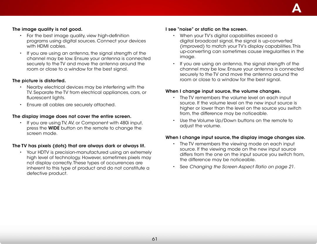 Vizio D500i-B1 user manual See Changing the Screen Aspect Ratio on 