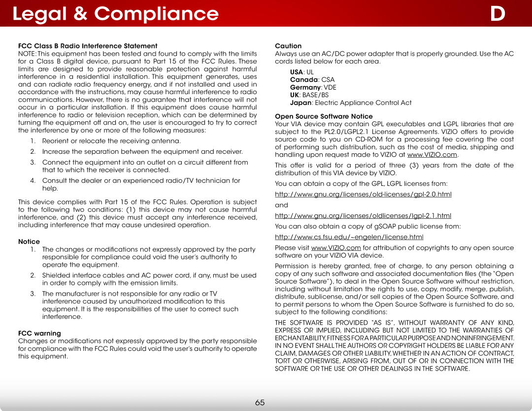 Vizio D500i-B1 user manual Legal & Compliance, Uk Base/Bs 