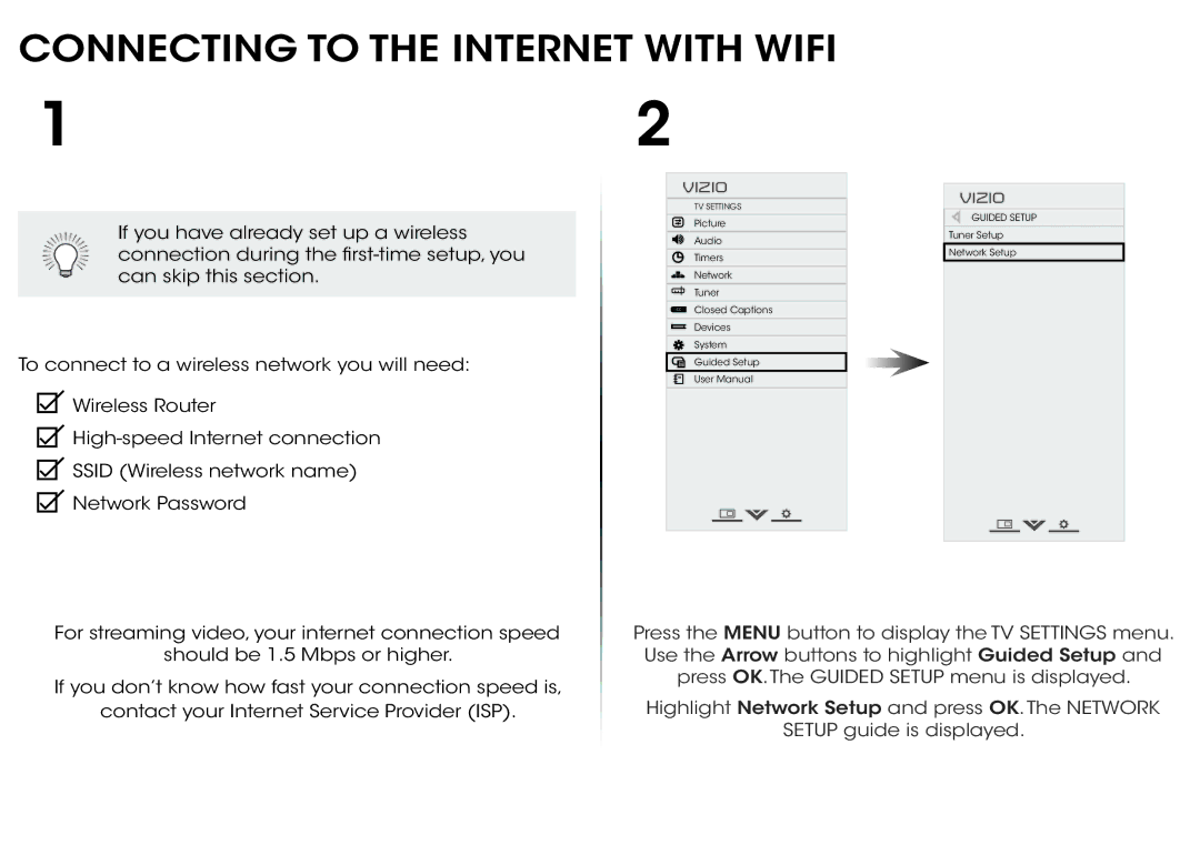 Vizio D500i-B1 quick start Connecting to the Internet with Wifi, Vizio 