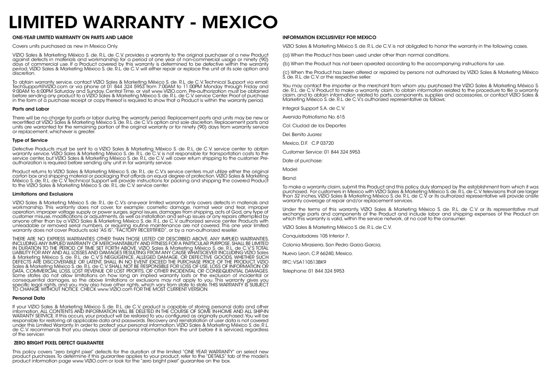 Vizio D500i-B1 quick start Limited Warranty Mexico 