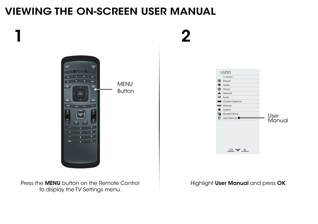 Vizio D500i-B1 quick start Viewing The On-Screen User Manual, Vizio, Guided Setup User Manual, Tv Settings 