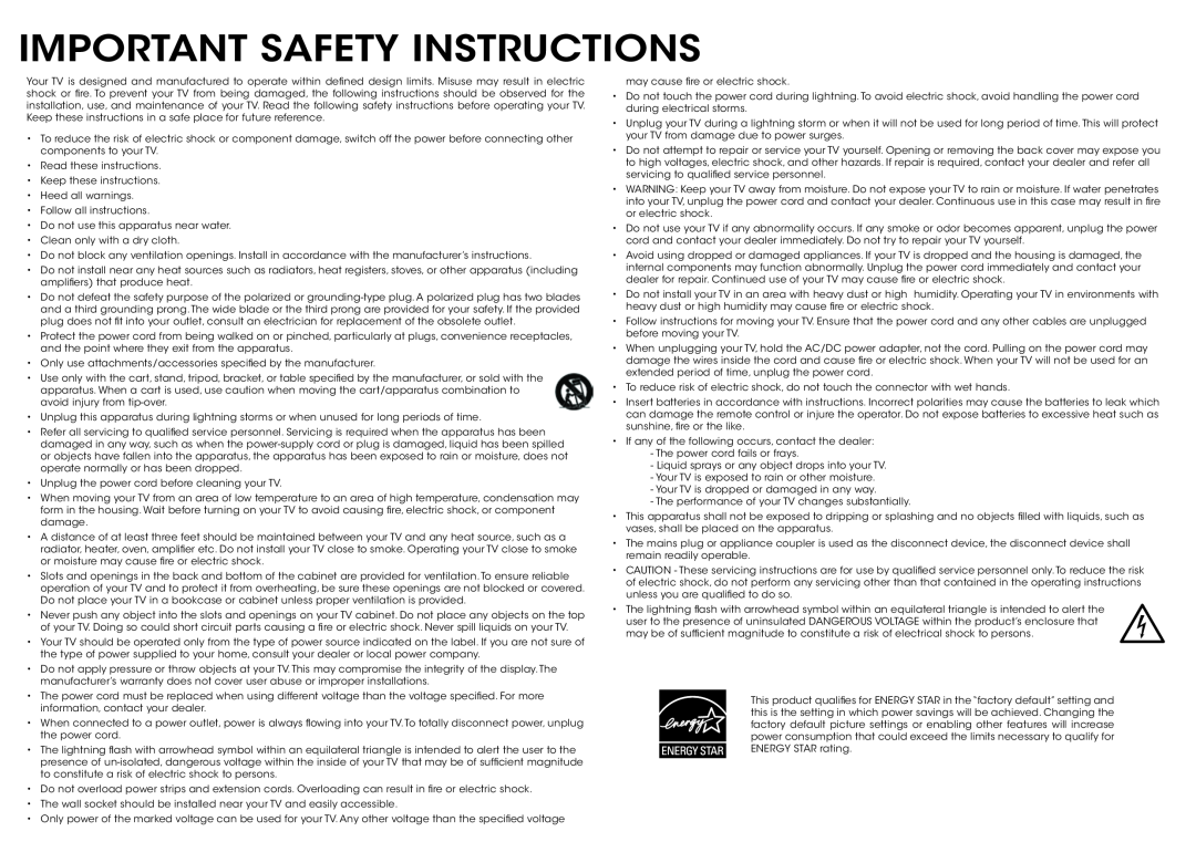 Vizio D500i-B1 quick start Important Safety Instructions 