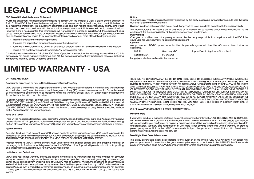 Vizio D500i-B1 quick start Legal / Compliance, Limited Warranty - Usa 