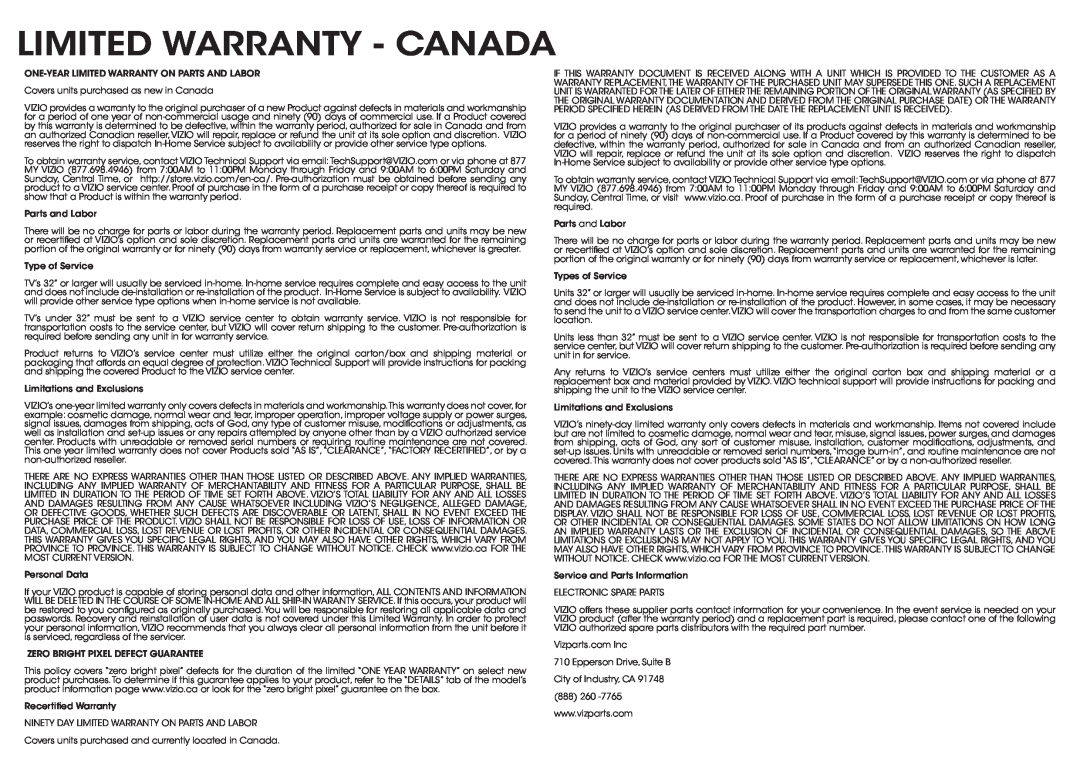 Vizio D500i-B1 quick start Limited Warranty - Canada 