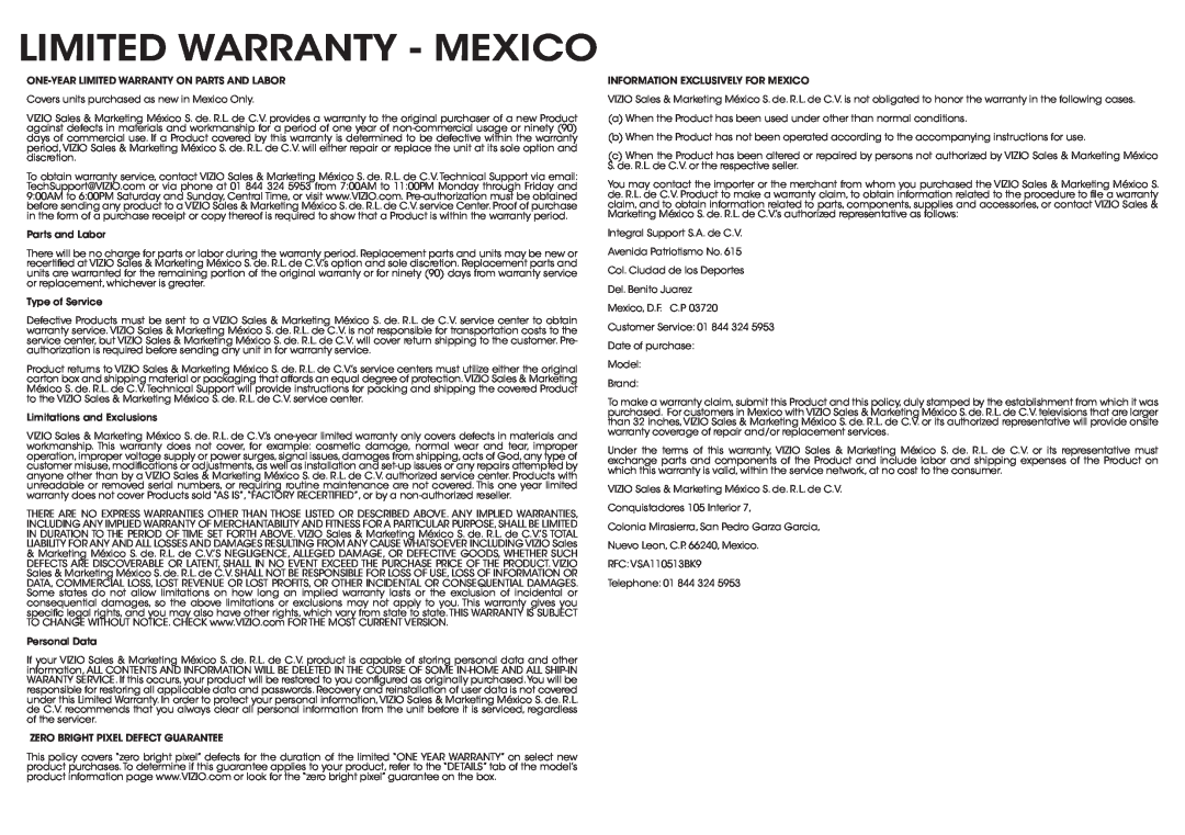 Vizio D500i-B1 quick start Limited Warranty - Mexico 