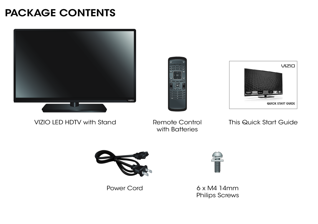 Vizio D500i-B1 Package Contents, VIZIO LED HDTV with Stand, Remote Control, This Quick Start Guide, with Batteries 