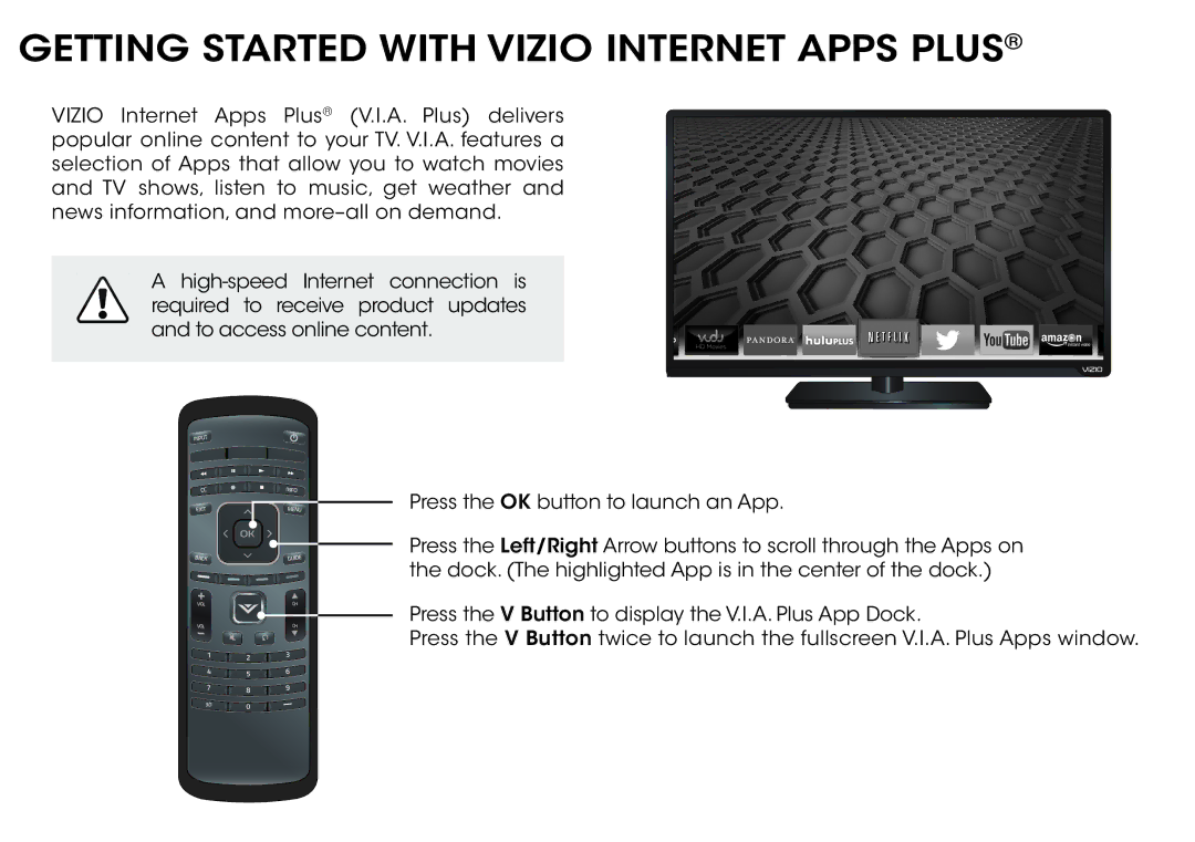 Vizio D650i-B2 quick start Getting Started with Vizio Internet Apps Plus 