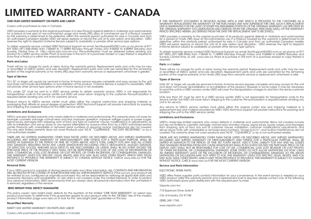 Vizio D650i-B2 quick start Limited Warranty Canada, ONE-YEAR Limited Warranty on Parts and Labor 