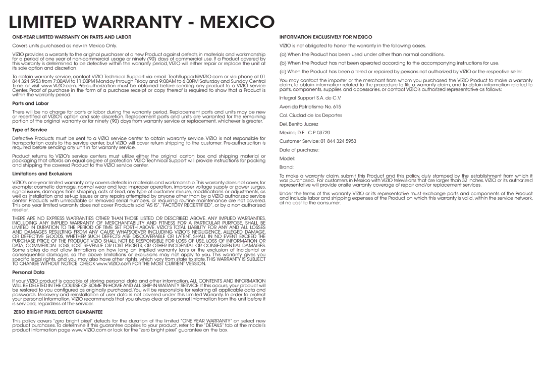 Vizio D650i-B2 quick start Limited Warranty Mexico 