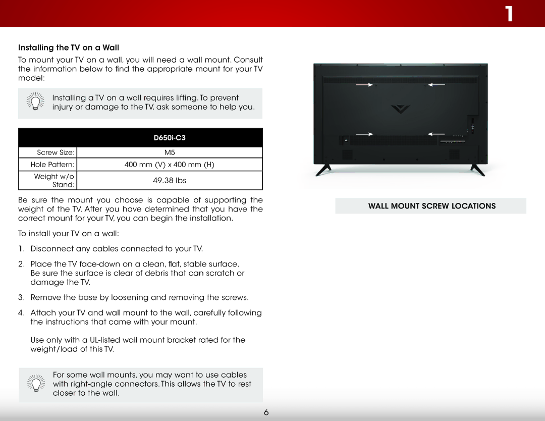 Vizio D650i-C3 user manual Wall Mount Screw Locations 