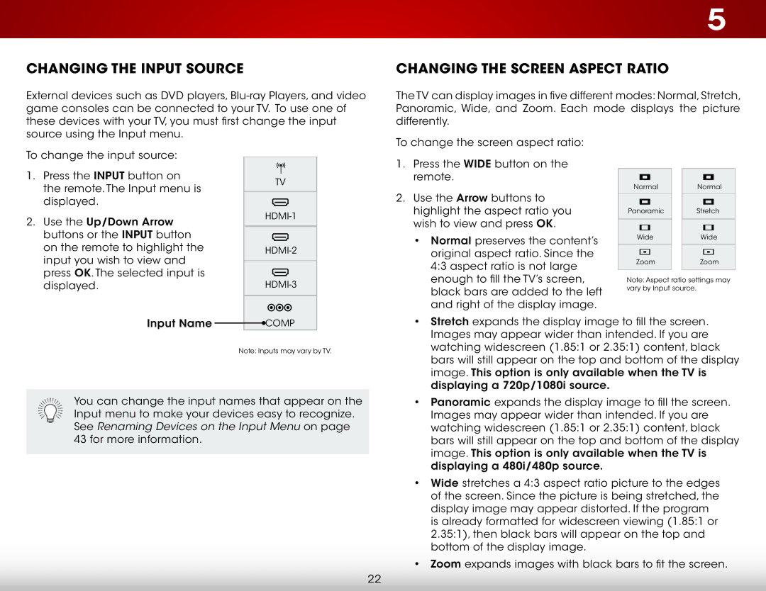 Vizio D650i-C3 user manual Changing the Input Source, Changing the Screen Aspect Ratio 