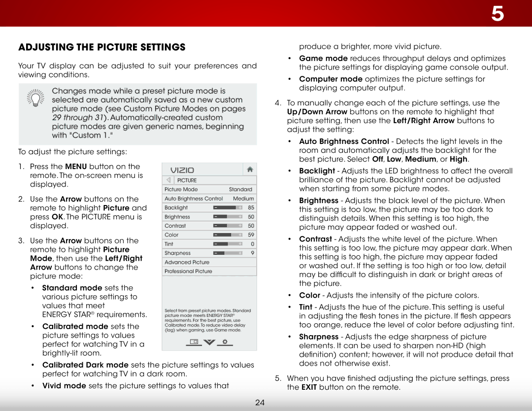 Vizio D650i-C3 user manual Adjusting the Picture Settings 