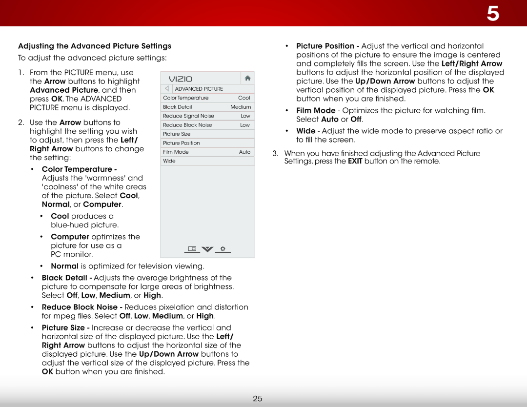 Vizio D650i-C3 user manual Arrow buttons to highlight Advanced Picture, and then 