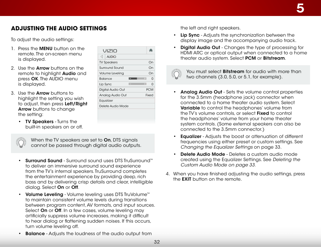 Vizio D650i-C3 user manual Adjusting the Audio Settings, Changing the Equalizer Settings on 