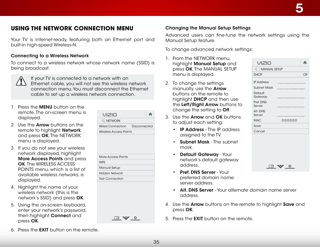 Vizio D650i-C3 user manual Using the Network Connection Menu 