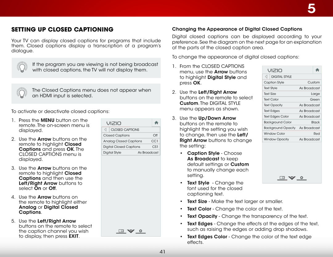 Vizio D650i-C3 user manual Setting UP Closed Captioning 