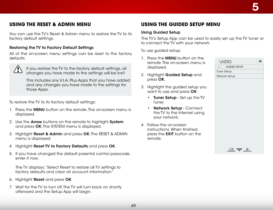 Vizio D650i-C3 user manual Using the Reset & Admin Menu, Using the Guided Setup Menu 