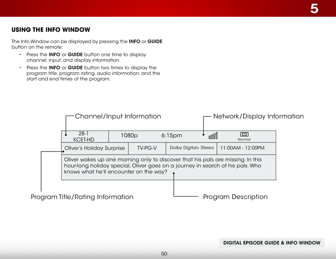 Vizio D650i-C3 user manual Channel/Input Information Network/Display Information, Using the Info Window 