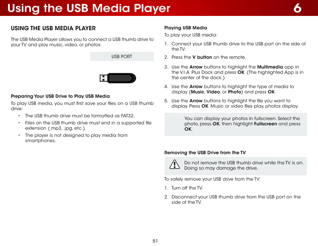 Vizio D650i-C3 user manual Using the USB Media Player 