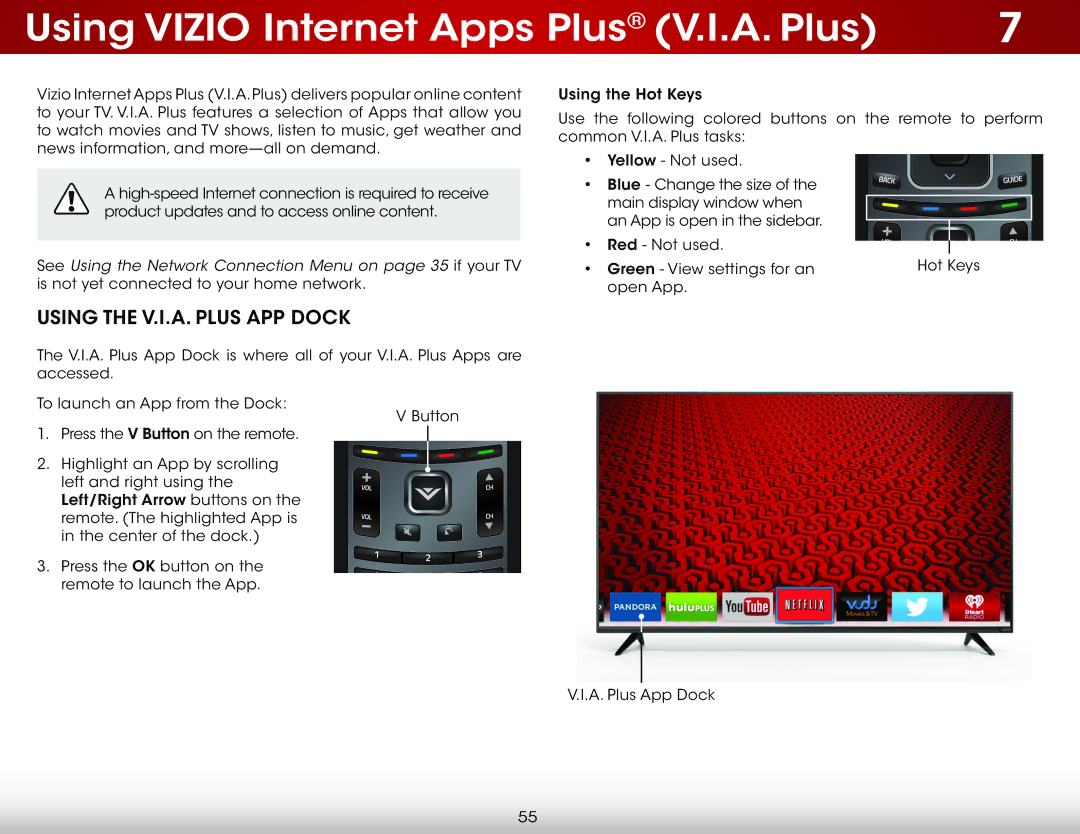 Vizio D650i-C3 user manual Using Vizio Internet Apps Plus V.I.A. Plus, Using the V.I.A. Plus APP Dock 