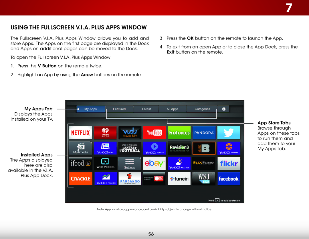 Vizio D650i-C3 user manual Using the Fullscreen V.I.A. Plus Apps Window 