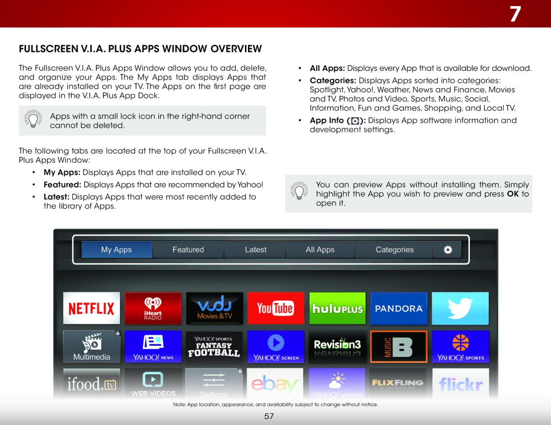 Vizio D650i-C3 user manual Fullscreen V.I.A. Plus Apps Window Overview 