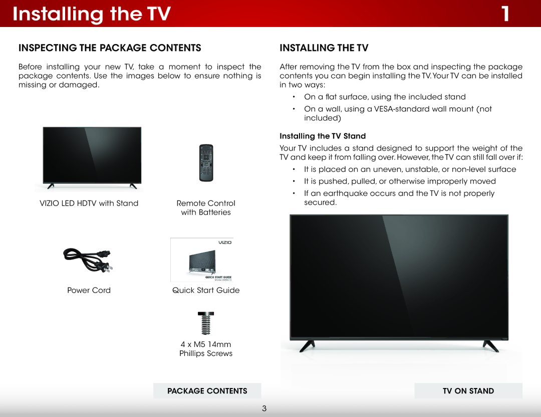 Vizio D650i-C3 user manual Installing the TV, Inspecting the Package Contents 