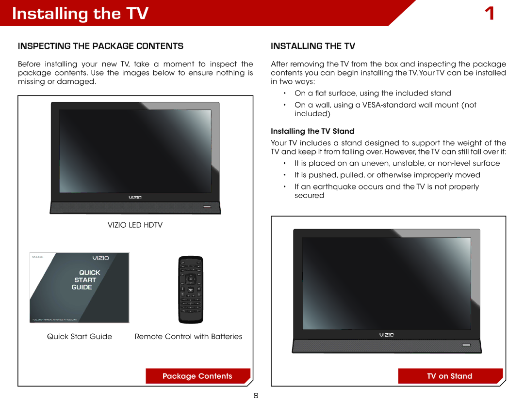 Vizio E191VA specifications Installing the TV, Inspecting the Package Contents 