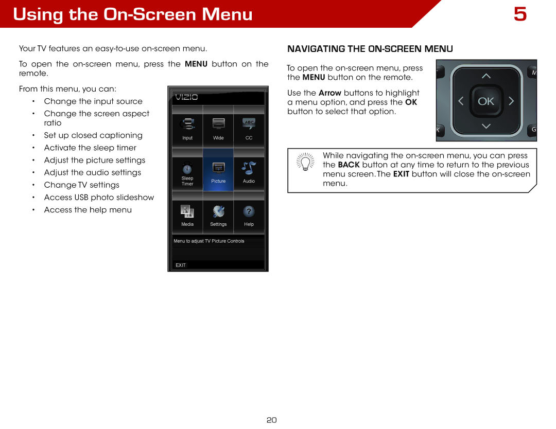 Vizio E191VA specifications Using the On-Screen Menu, Navigating the On-Screen Menu 